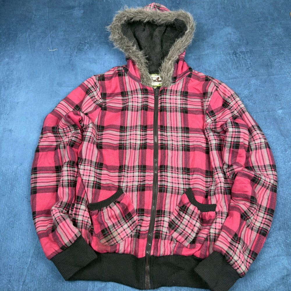 Y2K Give To Be Spoiled Pink Plaid Fur Hood Zip Hoodie Womens XL